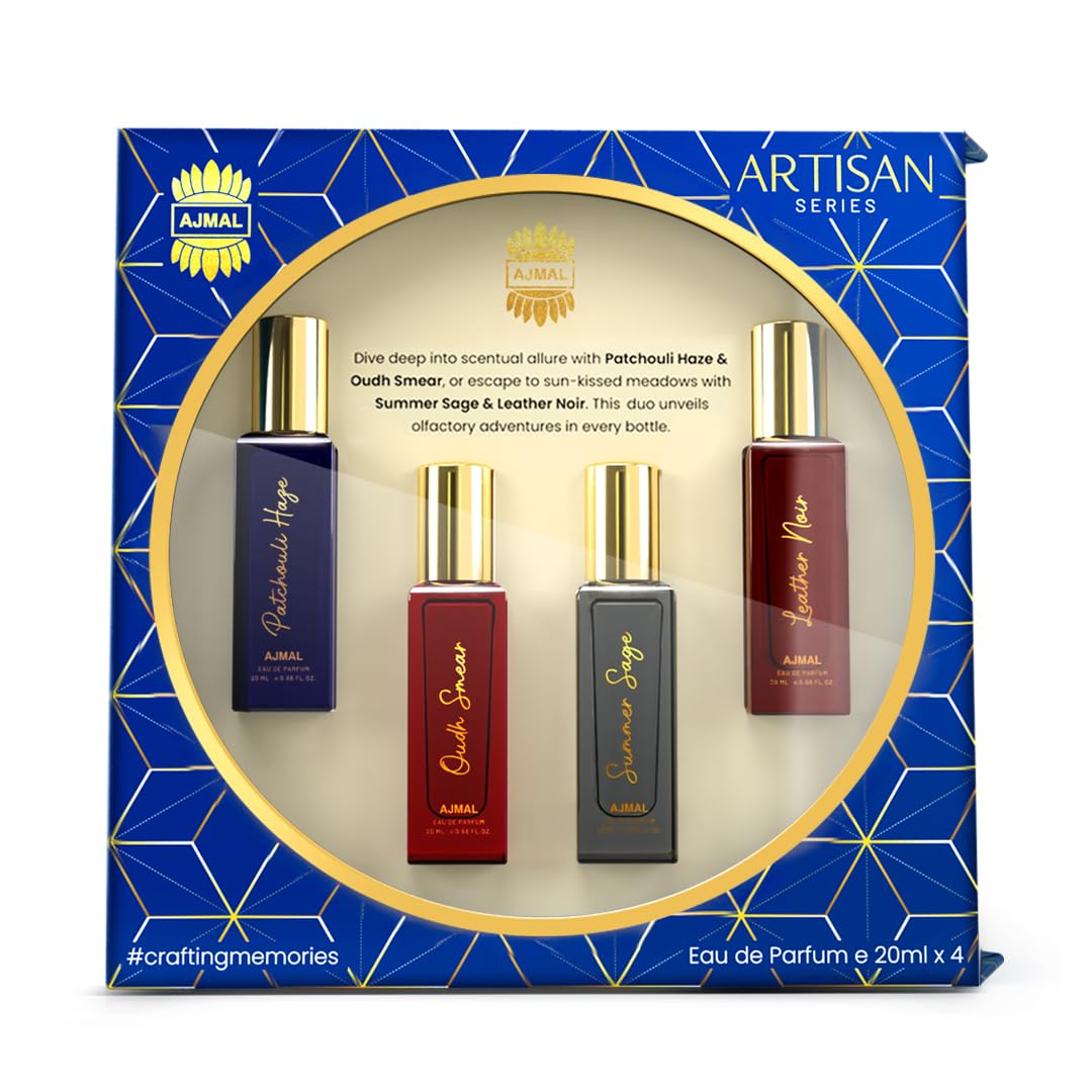 Ajmal Artisan Luxury Unisex Eau De Parfum Gift Set 4 x 20ml for Men & Women with Leather Noir, Oudh Smear, Patchouli Haze, Summer Sage Perfume|Long Lasting EDP Fragrance Scent