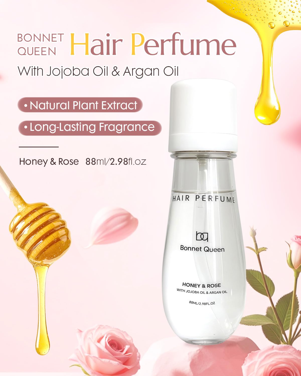 BONNET QUEEN Brume Parfumée Cheveux & Corps Femme Miel et Rose 88 ml – Spray Parfumé Longue Tenue pour Cheveux, Corps et Vêtements, Hydratant, Anti-Frisottis, Brillance Naturelle