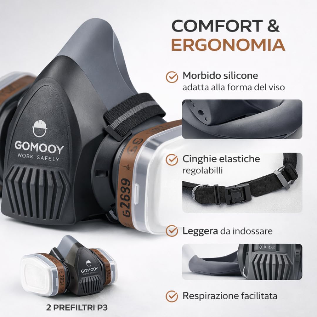 Goomoy Maschera Antigas Semimaschera Riutilizzabile con Doppio Filtro ai Carboni Attivi 8 Filtri di Ricambio Inclusi Protezione Gas Vapori Polveri Certificazione CE EN 140 Verniciatura Saldatura