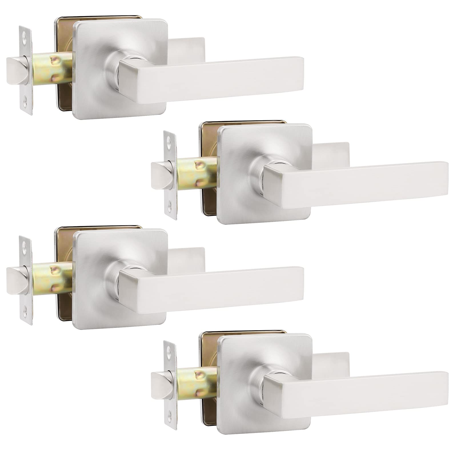GOBEKOR4 Pack Passage Door Handles Brushed Nickel Hall Closet Door Handles Interior Lever Door Handles Square Keyless Door Levers with Lock Modern Door Hardware