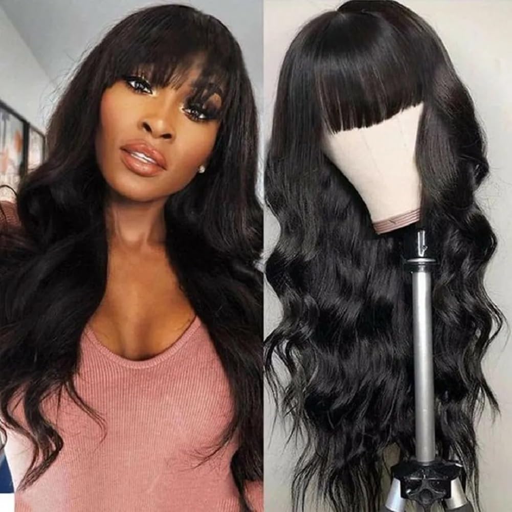 Pelucas Mujer Pelo Natural Humano 20 Pulgadas(50cm) Peluca Body Wave de Cabello Humano con Flequillo Frontal sin Encaje y sin Pegamento Densidad 180% Negro Natural para Mujer