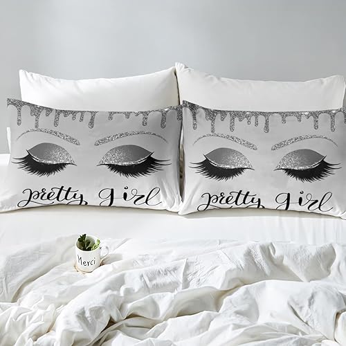 Miniatura 4 de Erosebridal Sábana bajera ajustable de pestañas grises de unicornio, tamaño individual, para niños, niñas y mujeres, juego de ropa de cama con