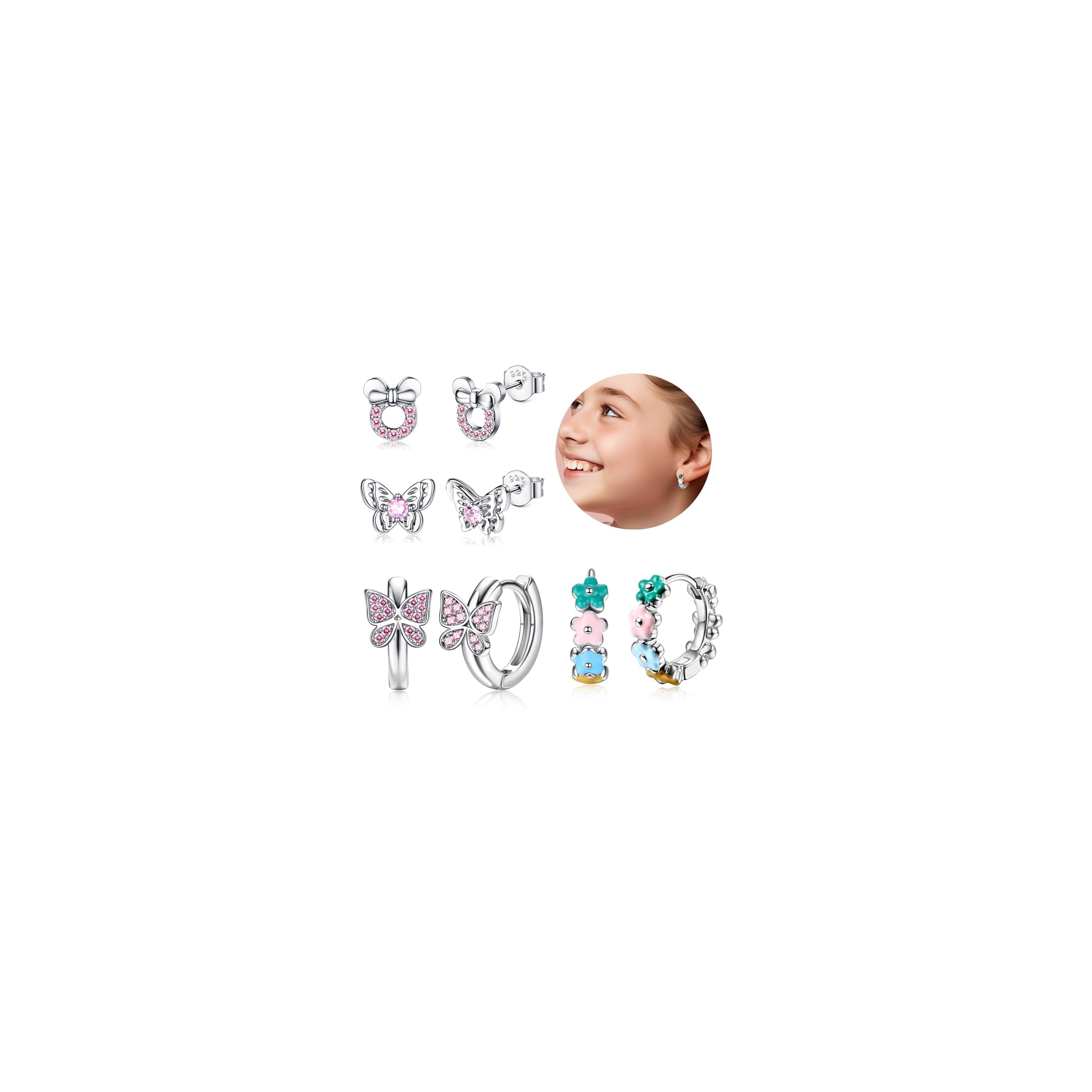 Adramata 4 Pares Pendientes de Plata de Ley 925 para Mujeres Niñas, Aretes de Cartílago de Corazón de Mariposa, Hipoalergénicos Pendientes de Aro Pequeñas 925 Plata