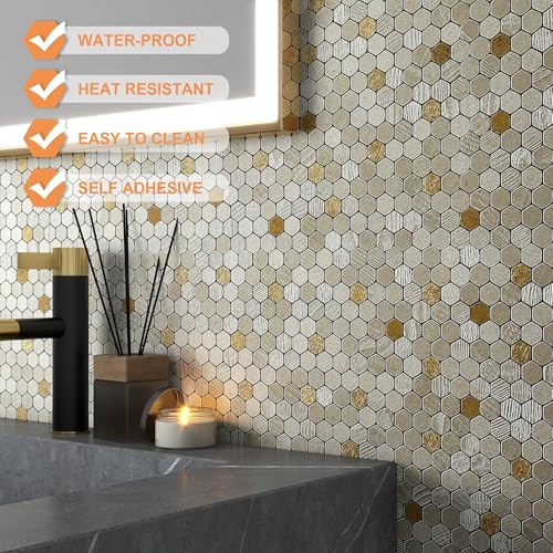 VAOVI 3d Wandfliesen Mosaik Selbstklebende,Küchenfliesen Aufkleber Badezimmer Wanddekoration Klein Steinoptik Texturiert Matte Sechsecke(Champagner Gold,10 Stück)
