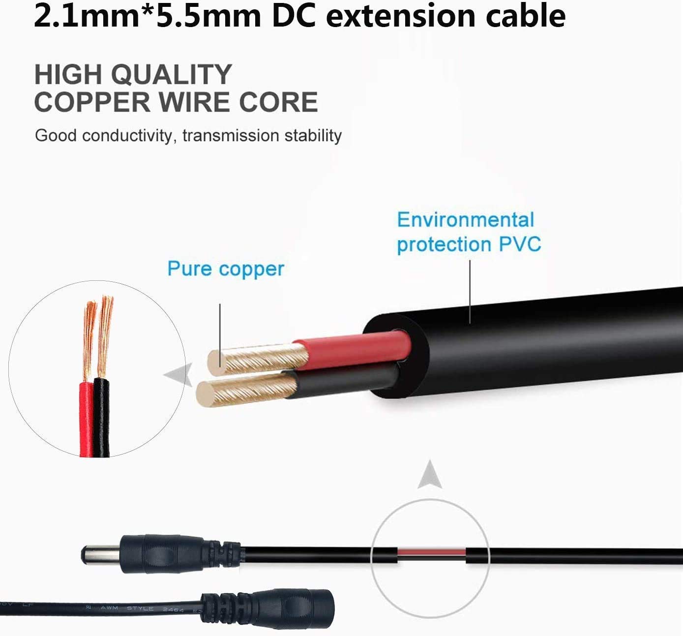 5m Cable de Extensión Plug DC 2,1 mm x 5,5 mm Macho a Hembra Conector para Adaptador de Corriente, LED, Cámara CCTV Potencia, Coche, Monitores y Más - Negro — view 4