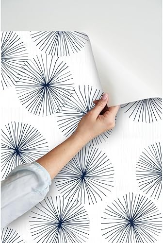Miniatura 3 de Papel tapiz autoadhesivo de 9 x 2 pies, diseño moderno de mediados de siglo, dientes de león, blanco, azul marino, círculo, minimalista, neutral,