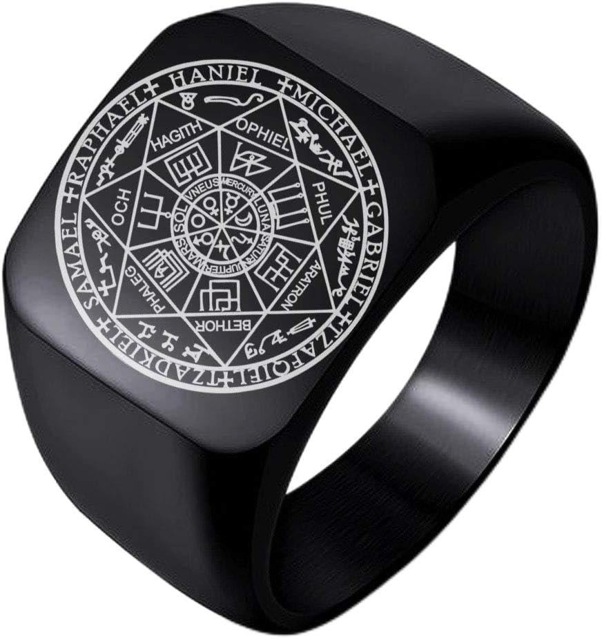 The Seals of The Seven Archangels Protection Amulet Seal Solomon Kabbalah Mens Womens Stainless Steel Polished Ring, Metal