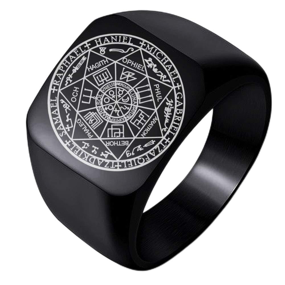 The Seals of The Seven Archangels Protection Amulet Seal Solomon Kabbalah Mens Womens Stainless Steel Polished Ring, Metal