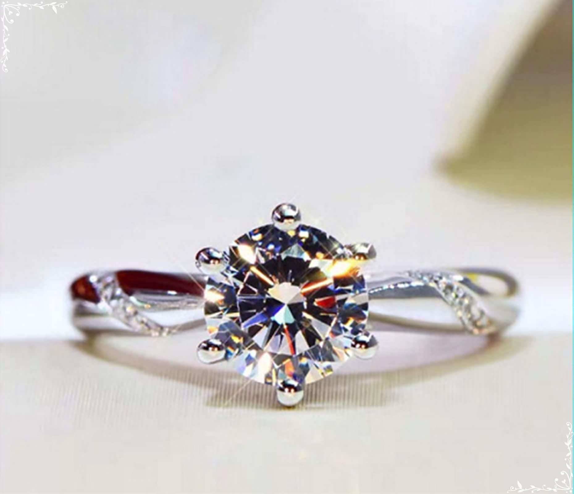 Anillo Compromiso Oro Blanco de 9 Kilates / 14 Kilates / 18 Kilates para Mujer, 6 Garras Redondo con Moissanita, Anillo Boda Plata Mujer