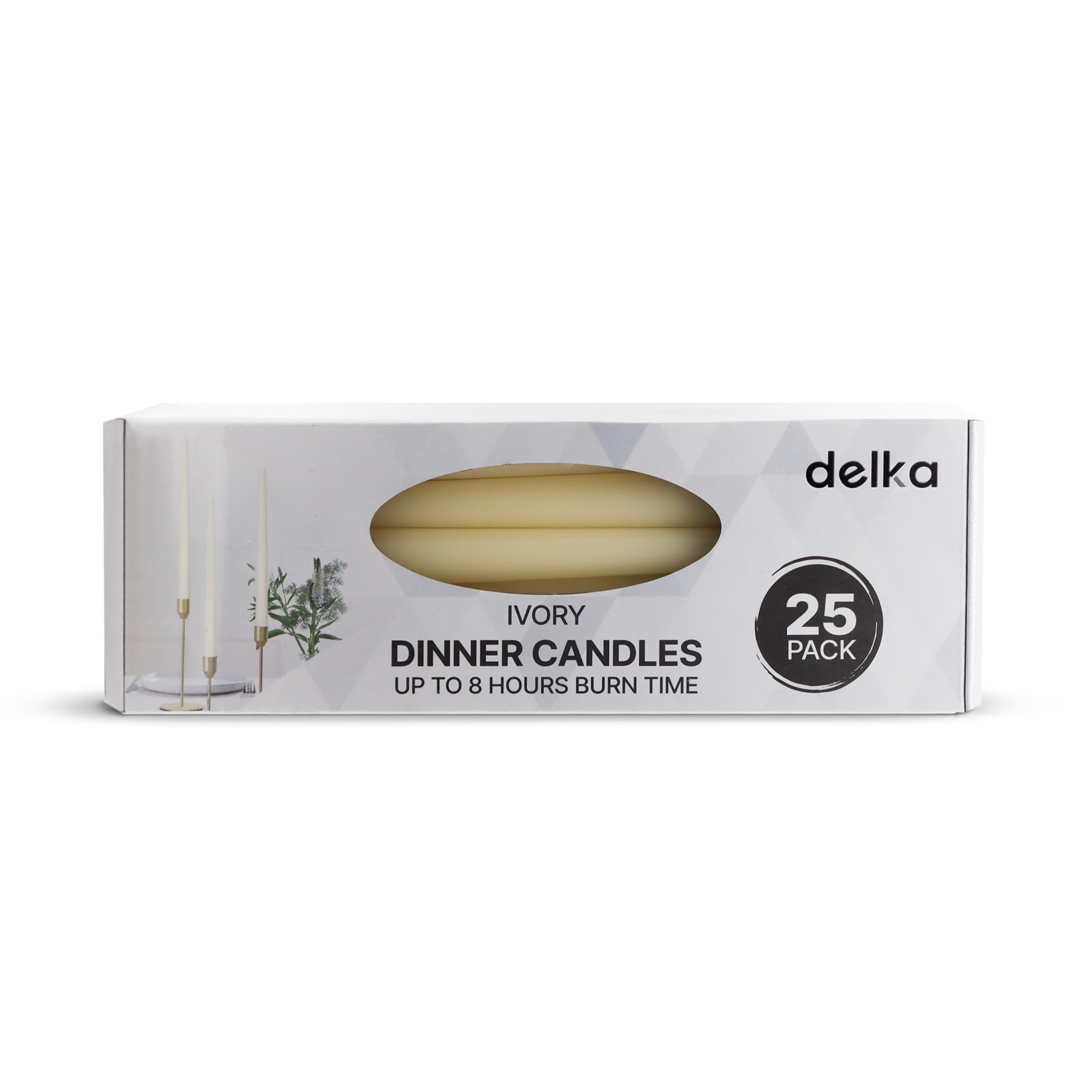 delka Tapered Dinner Candles – Long Burn 8 Hours, Unscented, Dripless, Smokeless – Elegant Table Candles for Weddings, Home Décor, Parties, Events & Holidays