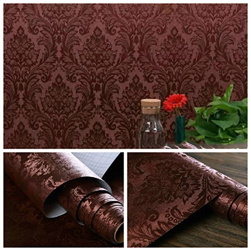 Wolpin Wall Stickers DIY Damask Botanical Wallpaper (60 x 300 cm) Self Adhesive Living Room Decals Home Interior Decoration, Brown