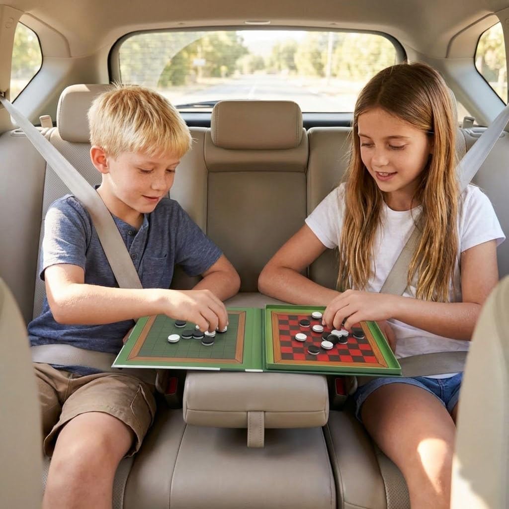 2-in-1 Checkers & Reversi Board Game | Magnetic Travel Games for Kids 8-12 | Plane Activities for Kids Ages 8-12 | Foldable Magnetic Checkers & Travel Activities