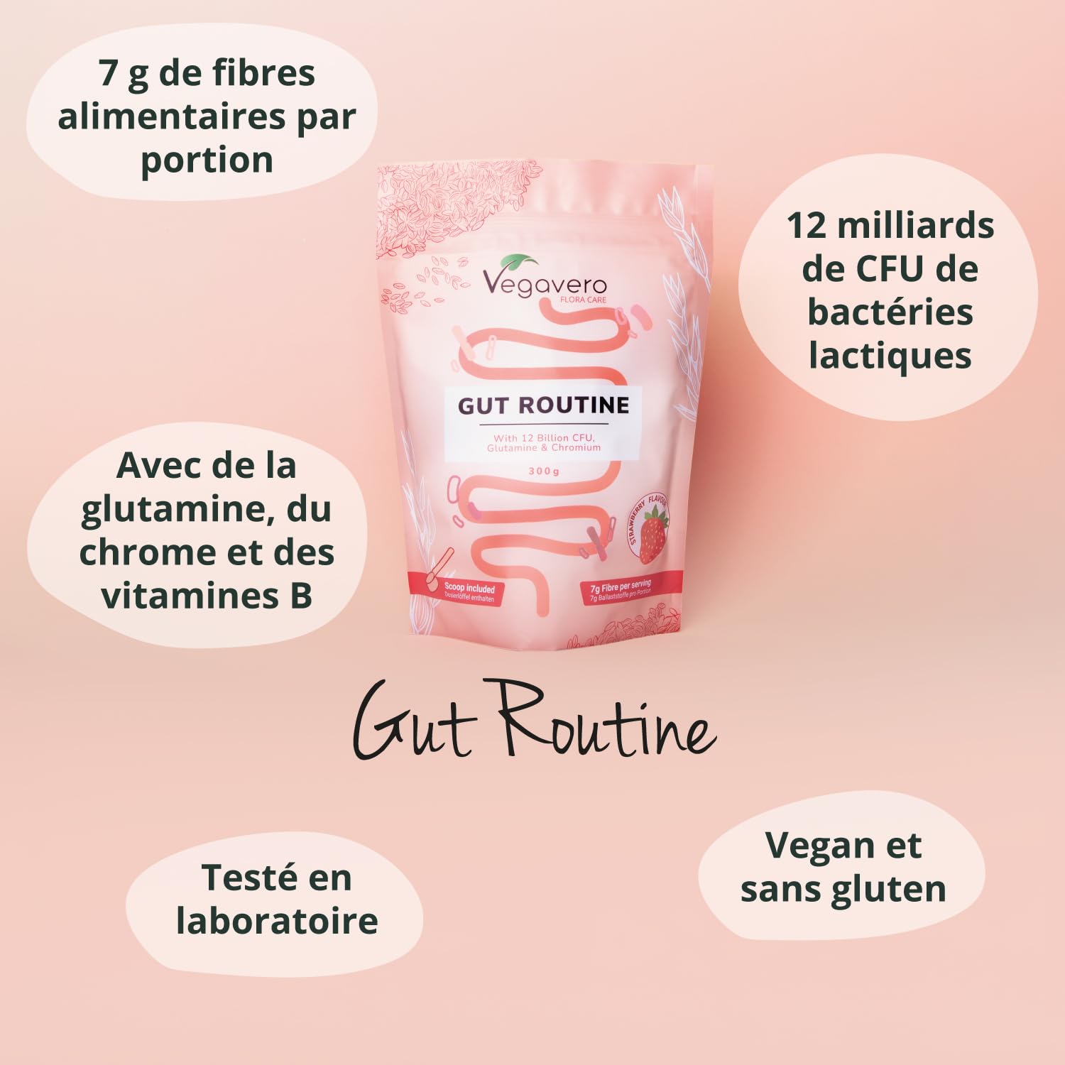 Gut Routine | Formule Tout en Un : 7g de Fibres, Probiotiques, L-Glutamine | Digestion & Microbiote Intestinal | Vegan & Sans Gluten | Goût Fraise | Vegavero®