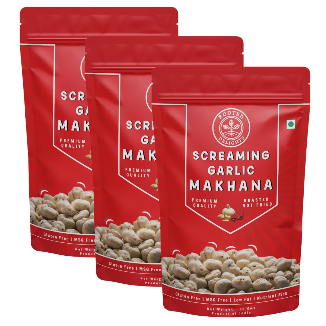 Rooted Delights Premium Makhana | Screaming Garlic Roasted Makhana | Pack of 3 (35g each) Healthy Puffed Snacks | Low Calorie | Roasted Foxnuts | Gluten Free | No Artificial Flavours | MSG Free-image-47