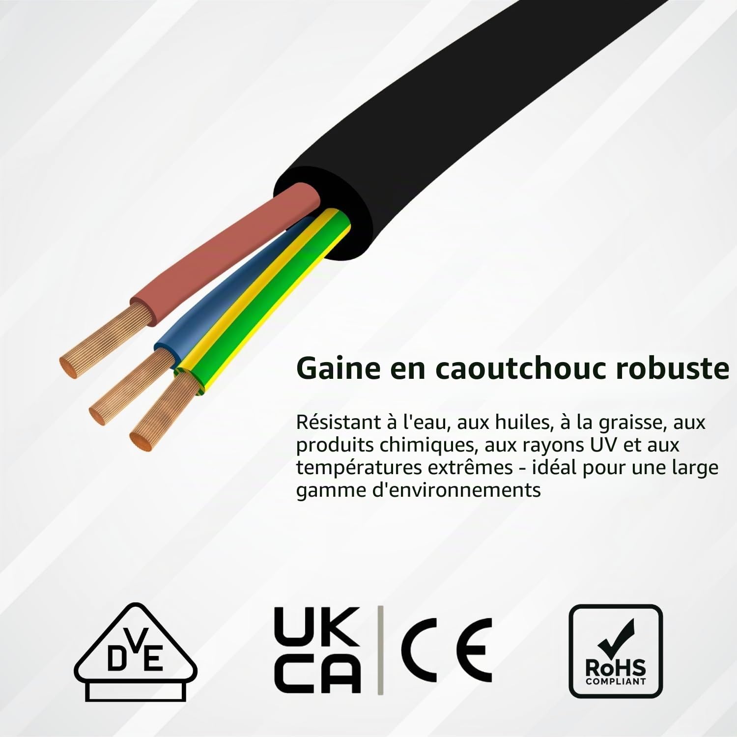 Câble d'alimentation en caoutchouc flexible résistant, 3 conducteurs, 1,5 mm² / 2,5 mm², H07RN-F, usage intérieur et extérieur, différentes longueurs (3 conducteurs, 2,5 mm² (3G2,5), 20 m)
