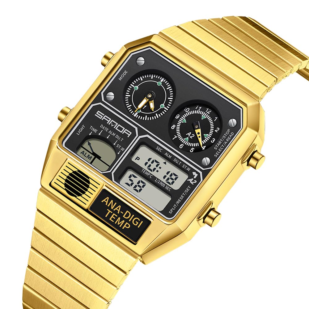 MASTOP Quadratische Retro-Digitaluhr mit Temperaturanzeige, Unisex, 19,1 cm, analog, 3 Zeitzonen, leuchtende Hintergrundbeleuchtung, 50 m wasserdicht, Wecker, Stoppuhr, Woche/Datum, Goldweiß