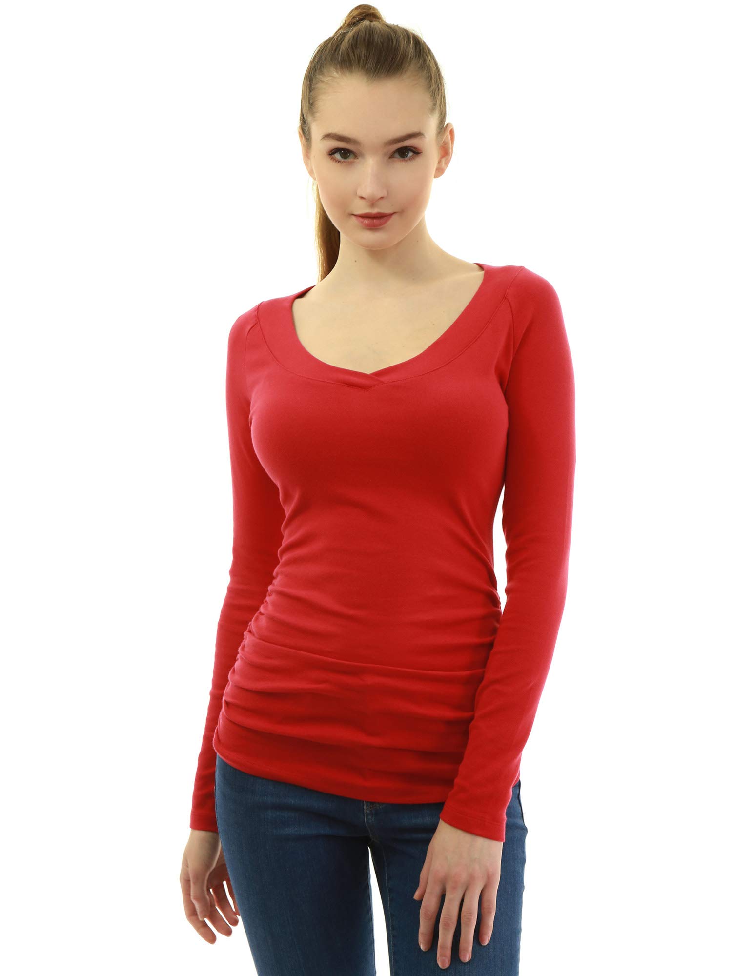 AmélieBoutik Women V Neck Raglan Long Sleeve Ruched Sides Top (Red Medium 12)