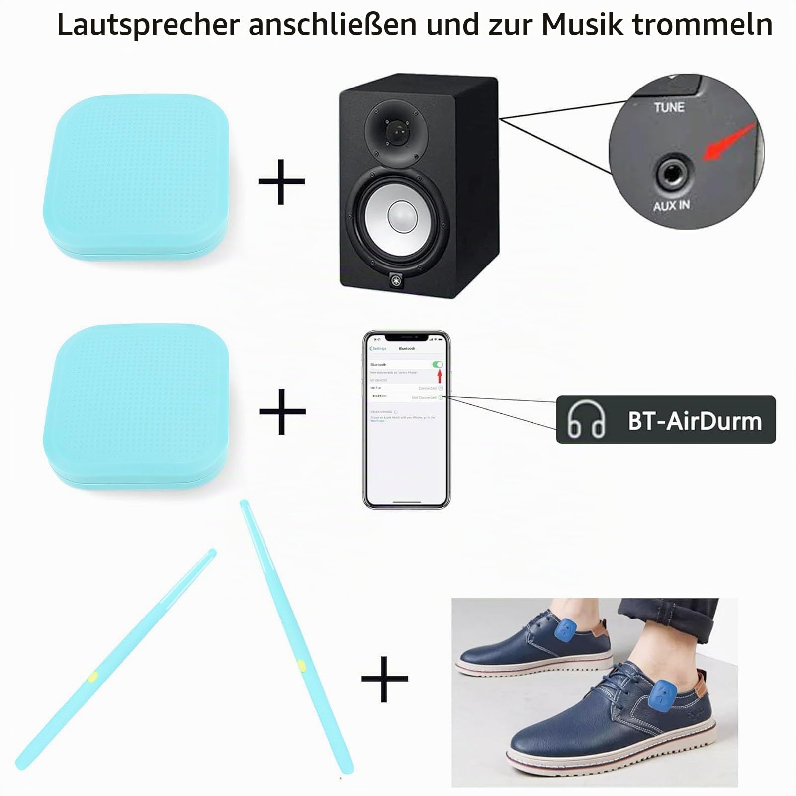 Elektrische Lufttrommel Set, Virtuelle Drumsticks Set, RGB Tragbar 3D-Bewegungsempfindung Air Drum Kit Mit & 8 Sounds für Erwachsene Percussion Accessoires (BLUE)