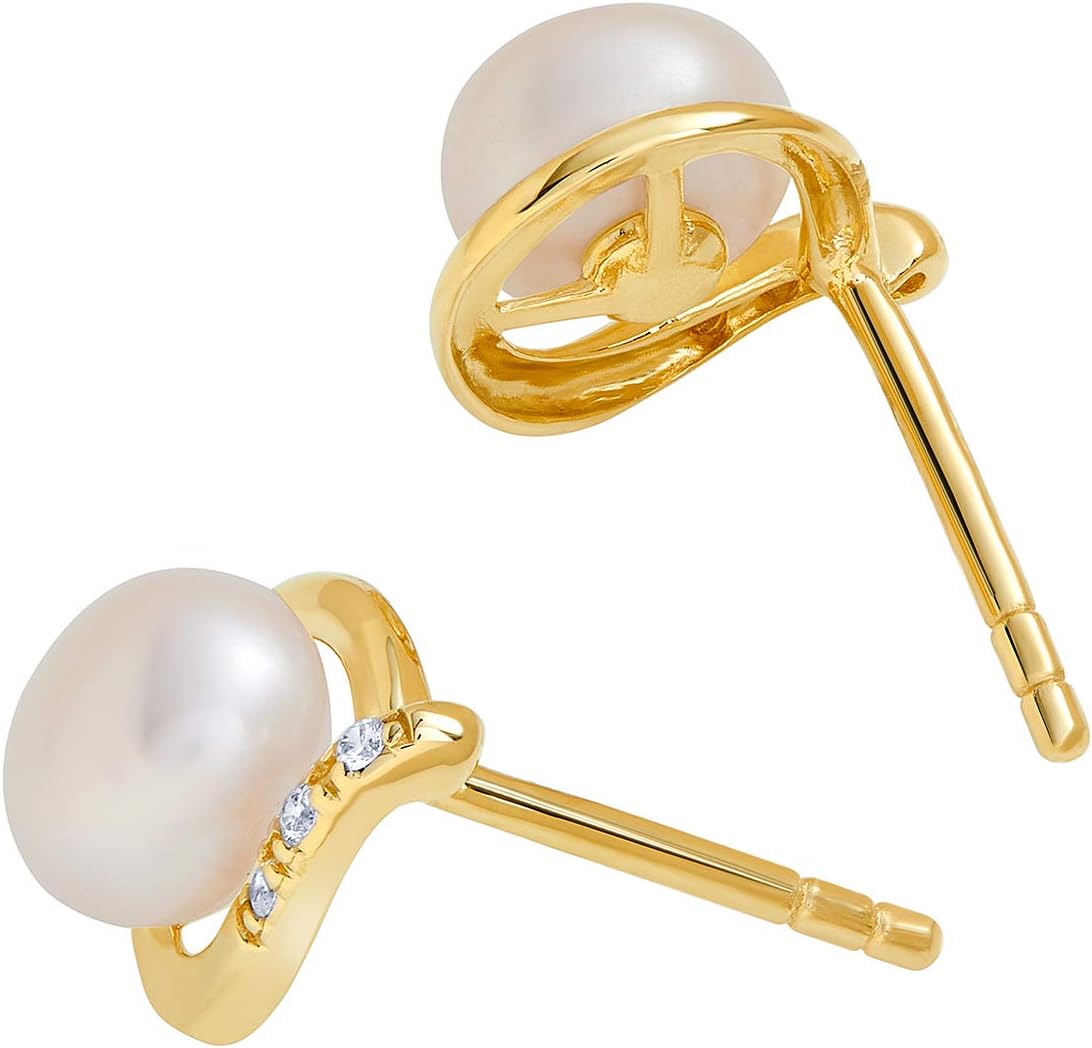 Peora Freshwater Cultured White Pearl Stud Earrings in 14K Yellow Gold, Round Button Shape, 6.50mm Teardrop Halo Solitaire, Friction Backs, Pearl Earrings Studs, June Birthstone - Image 3