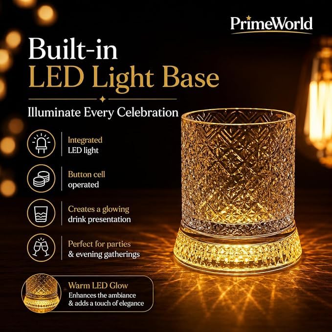 Image of PrimeWorld Premium Rotating Whiskey Glasses - 300ml | Set of 6 | LED Button Cell 360 Spinning Crystal Old Fashioned Tumblers | Lead-Free Carved Cut Rocks Glasses for Whiskey, Scotch, Bourbon, Brandy