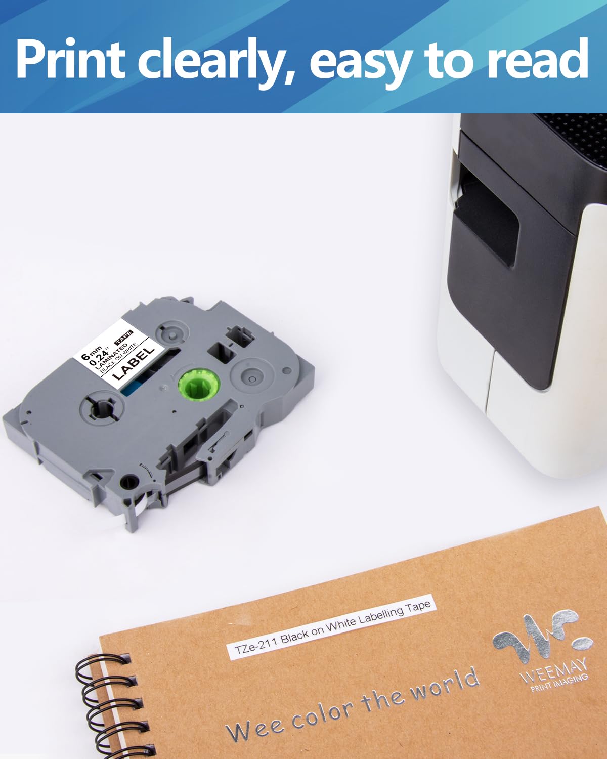 Lot de 10 rubans d'étiquettes de rechange TZe-211 compatibles avec Weemay P-Touch - 6 mm - Blanc laminé - Pour étiqueteuse PT-D200/PTD220/PTD600/PT-D410/PTH110BP - 0,6 cm x 7,6 m (TZe211/TZ-211/TZ211)