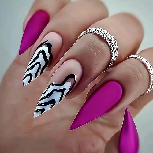 Uñas postizas largas a presión, uñas postizas 3D tridimensionales esmeriladas acrílicas en blanco y negro, uñas postizas de gel suave a rayas, kit