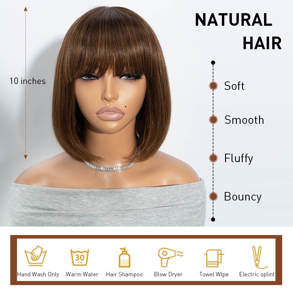 Joedir Short Human Hair Wig with Bangs Straight Bob Wigs for Women Highlights Brown Bob Wig Human Hair 10 Inches Straight None Lace Front Glueless Wigs for Daily Wear - Image 4
