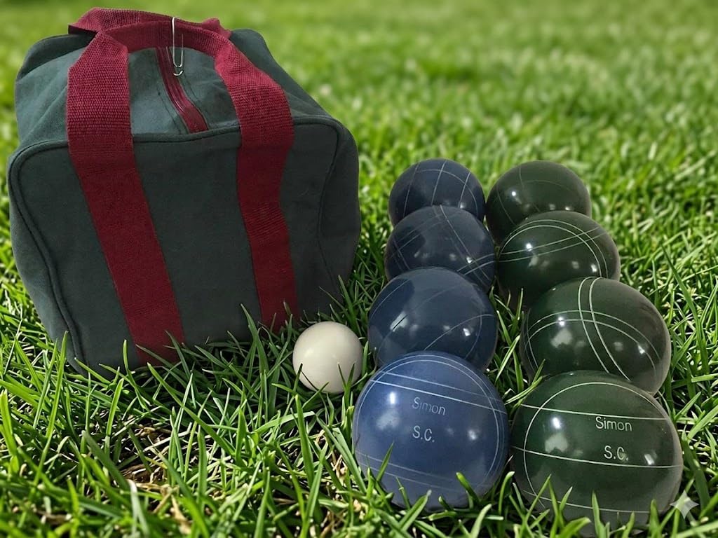 BuyBocceBalls Listing - Made in USA, Premium Quality Engraved Tournament Bocce Set, 998 Grams (2 lbs. 3.2 oz.). Various Bag Colors - 110mm Blue and Green Balls, Nylon Bag