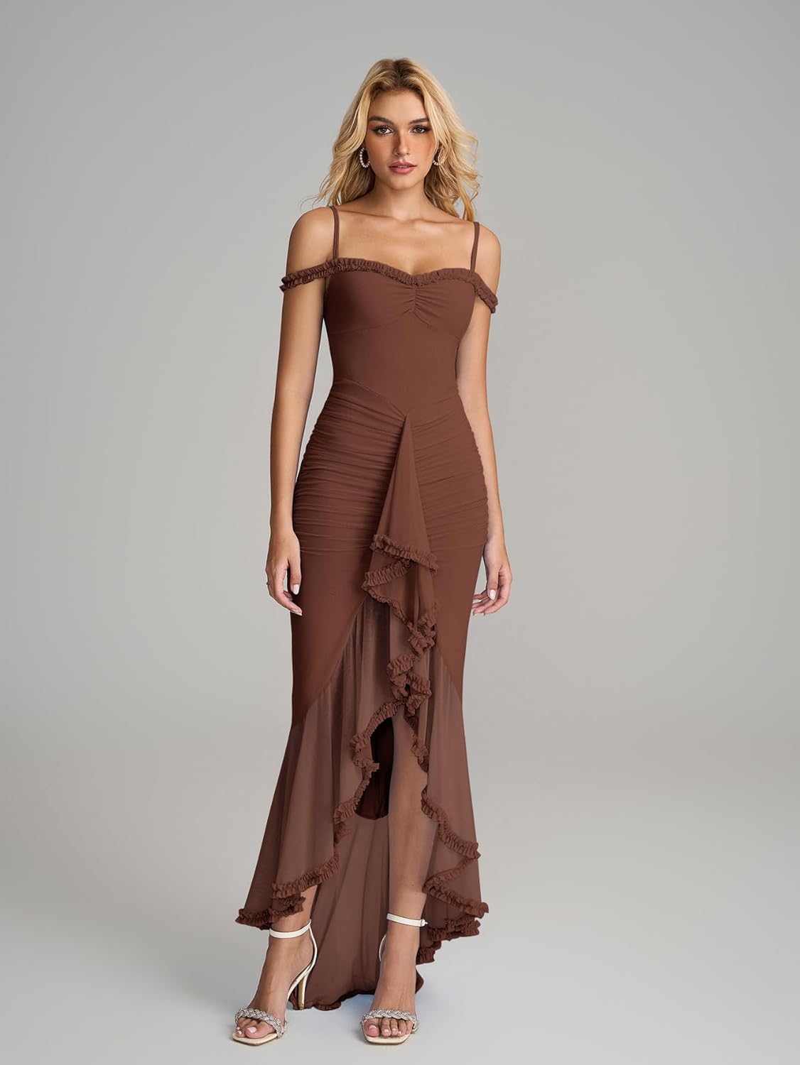 KUTUMAI Women Ruffle Bodycon Maxi Dress Ruched Long Formal Cocktail Wedding Guest Dresses - Image 6