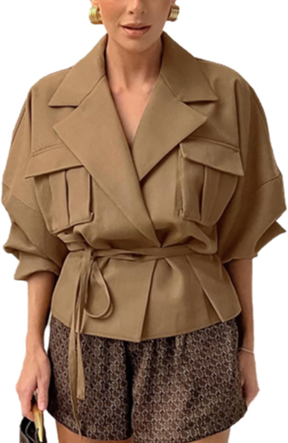 Cropped Trench Coat for Women Long Sleeve Lapel Short Trench Coats for Women 2025