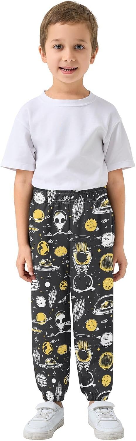 Boy Sweatpants Alien and UFO Cartoon Stars Joggers Casual Athletic Pants Kids Elastic Waist Cuffed with Pockets