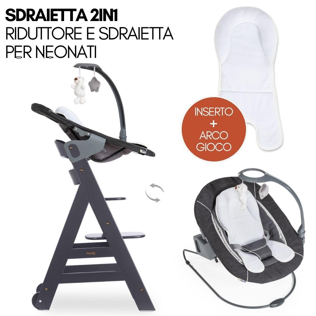 hauck Seggiolone Beta Plus Deluxe - Seggiolone Evolutivo in Legno con Sdraietta e Dondolo per Neonati, Sediolone Pappa, Sicurezza Massima con Cintura a 5 Punti, Regolabile per Tavoli Standard -