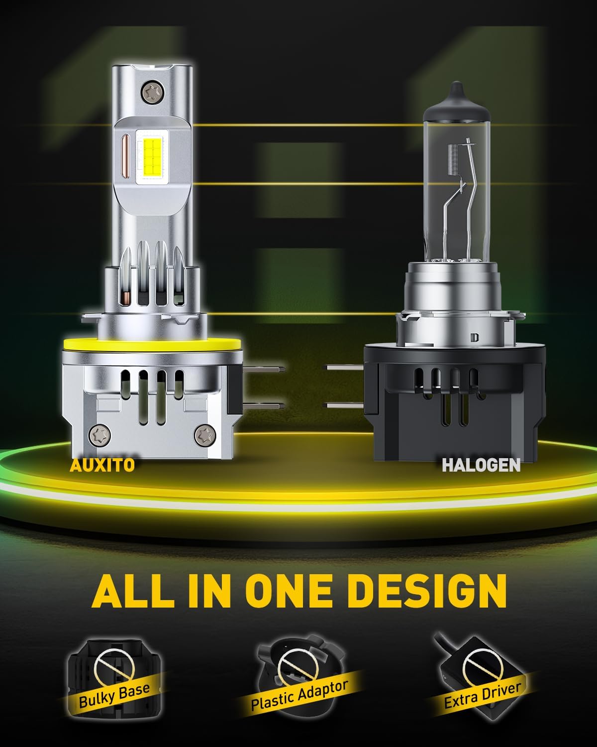 AUXITO H11B LED Bulbs, 1000% Super Brighter 1:1 Mini Size with Cooling Fan, Truly Plug And Play, 60000Hr+ Long Lifespan, Pack of 2