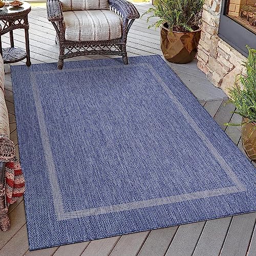 Ayyildiz Wetterfester In & Outdoor Teppich, Sisal Optik | Waschbar | Balkon, Küche, Camping, Garten | Trendige Bordüre | Wasserfest, Größe:140 x 200 cm, Farbe:Blau