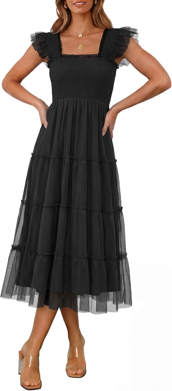 ANRABESS Women Summer Floral Midi Dress Sleeveless Boho Flowy Smocked RuffleTulle Beach Vacation Wedding Guest Party Dresses