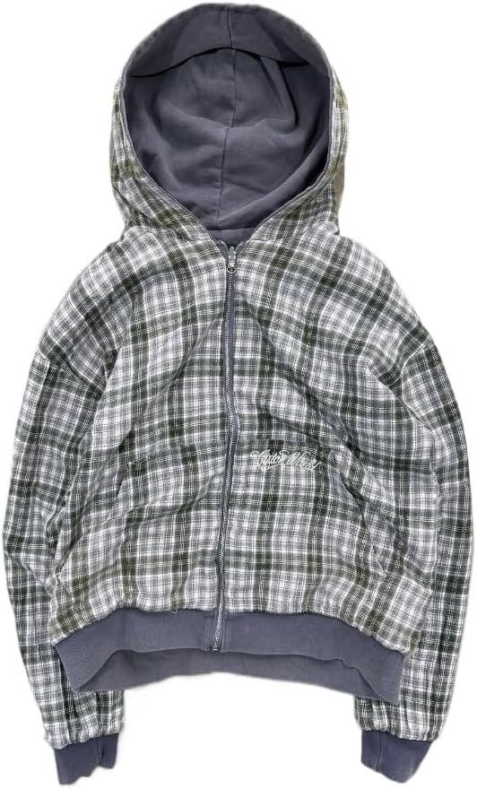 Obenie Men's y2k hoodie, fashionable checkered sportswear, casual jacket, hip-hop style sportswear