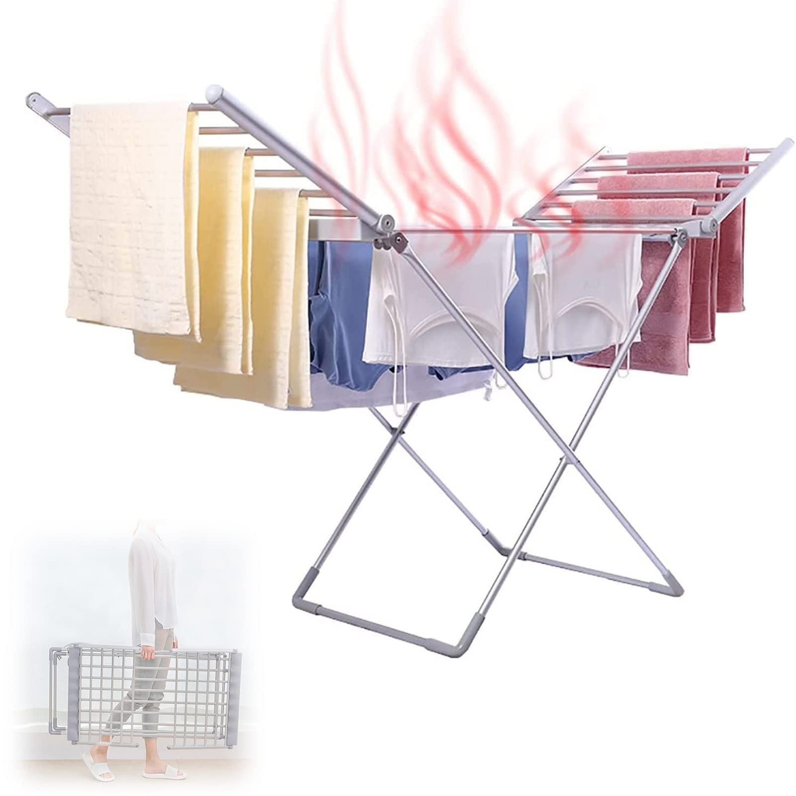 20 Bars Stendibiancheria Elettrico Basso Consumo, Stendino Elettrico Riscaldato Pieghevole 230W, Stendibiancheria Elettrico Asciugabiancheria