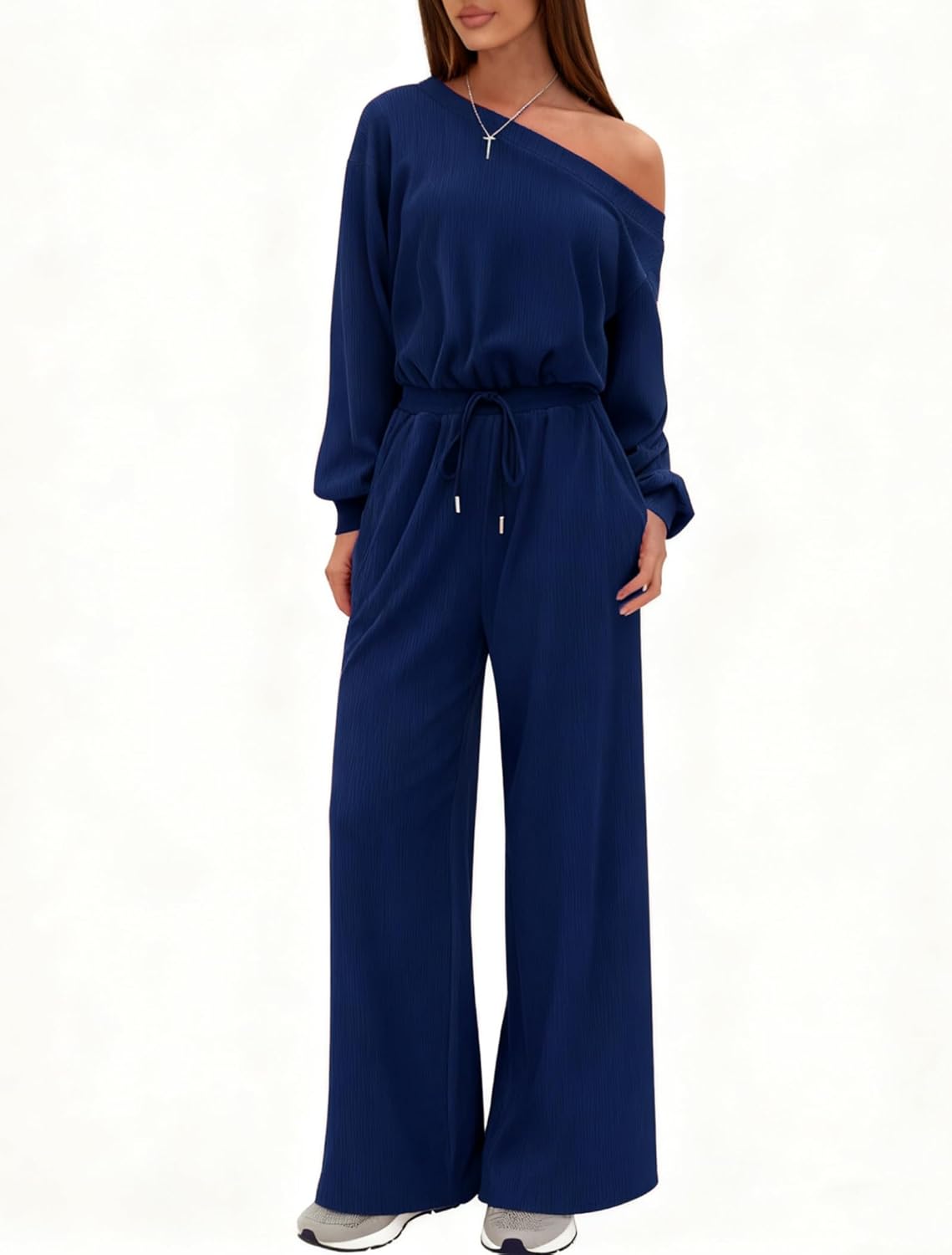 chicyes Women's Jumpsuits Dressy Long Sleeve One Shoulder Wide Leg Pants Romper Casual Fall Vacation Travel Winter Outfits Blue Small