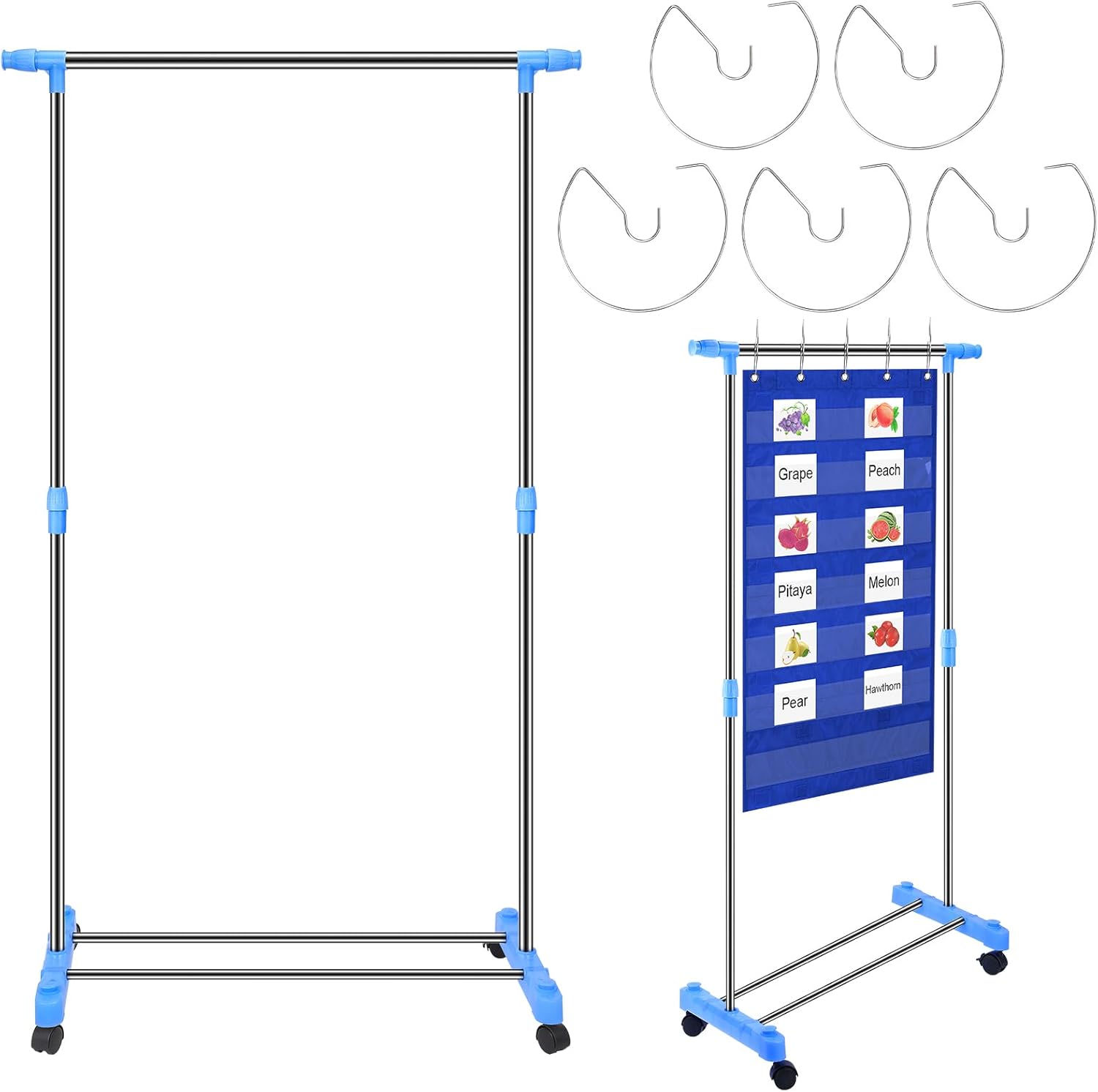 Adjustable Pocket Chart Stand Stainless Steel Expandable Chart Stand with Casters Rolling Anchor Holder with 5 Rings for Classroom Home Educational Tools, Adjustable to 63 Inch(Blue)