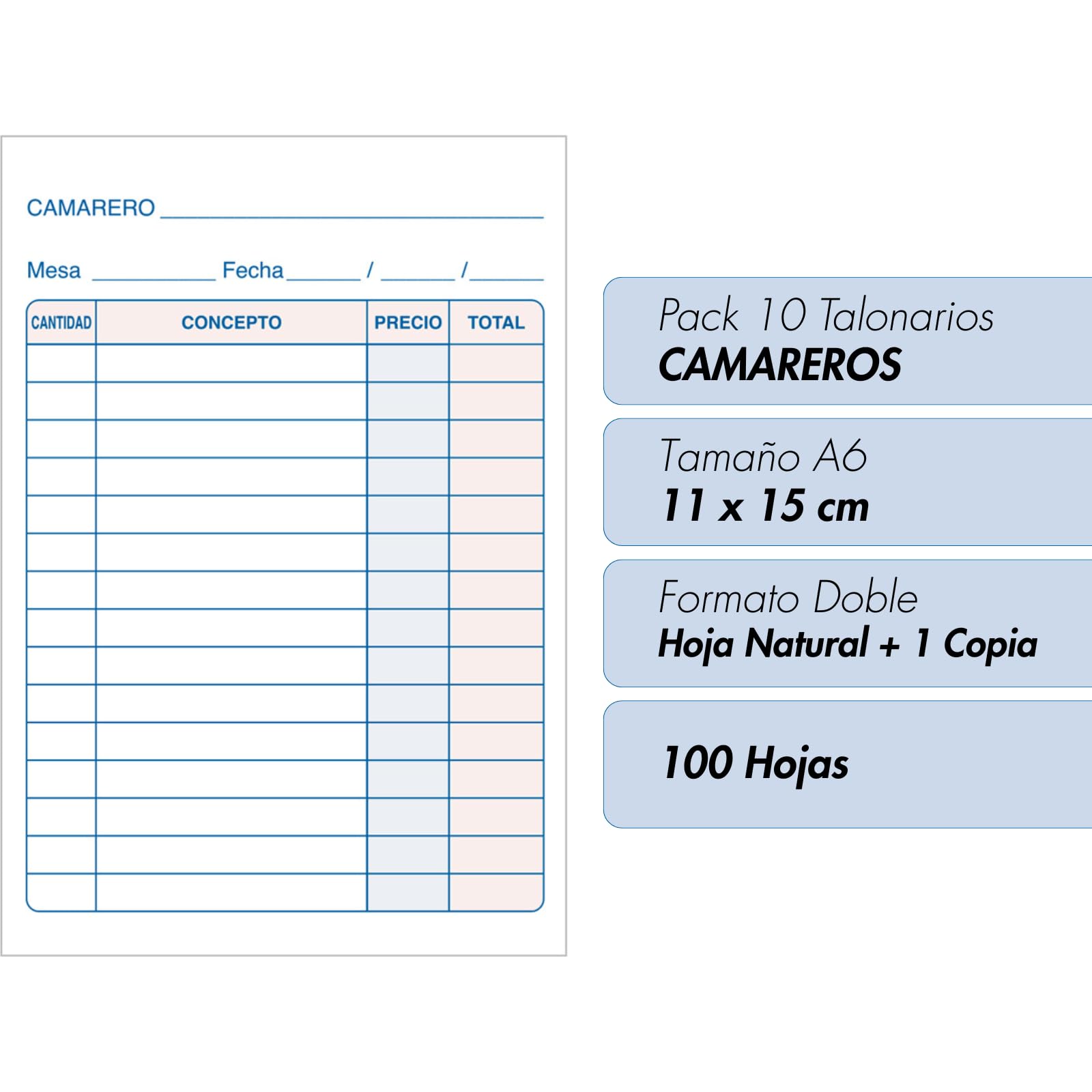 Dohe - Talonarios Camareros (10 uds.) - 50 Hojas Duplicadas (50 Hojas con 1 Copia), Tamaño A6 11x15 cm, Blocs Comanderos Hostelería, Restaurantes, Bares, Material de Oficina