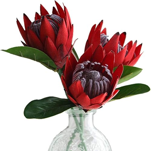 Flores artificiales de seda falsa, Protea Cynaroides, arreglos florales de plástico, ramo de decoración para centros de mesa de boda, 3 piezas (rojo)