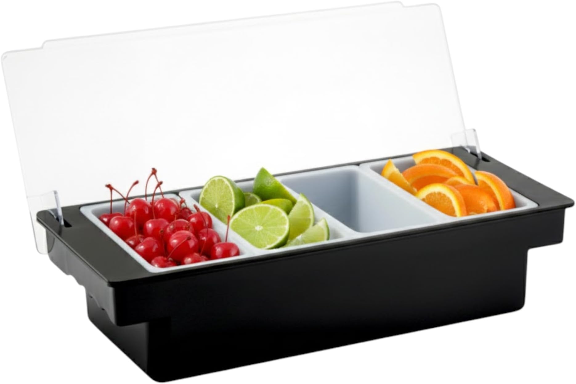 Chabrias Ltd Commercial-Grade 4 Compartment Condiment Dispenser with Clear Lid & Integrated Handles - Garnish Station for Pizza Toppings, Cocktail Ingredients, Salad Bars, BBQ Prep & Entertaining (4)