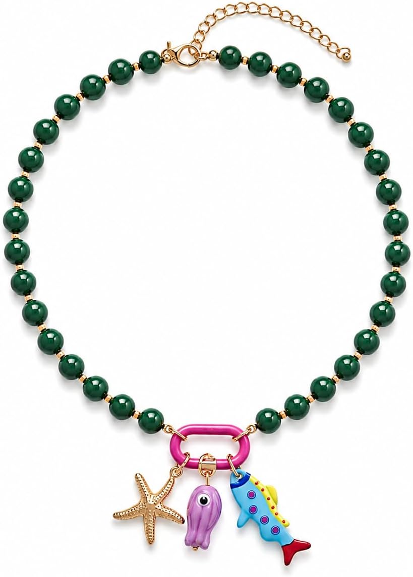 Colorful Beaded Necklace with Ocean Charms For Women, Boho Chunky Puffy Heart Starfish Shell Fish Paperclip Pendant Statement Choker Summer Beach Jewelry Gift