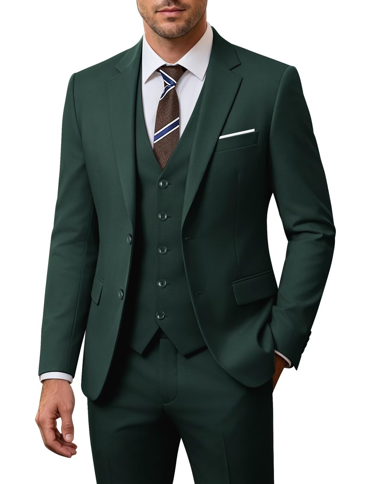 zkhoecr Men Suit Set Slim Fit Wedding Suit Business Suit Dark Green Prom Groomsmen Suits Tuxedos Jacket Blazer Vest Pants Men Suits L-picture-30