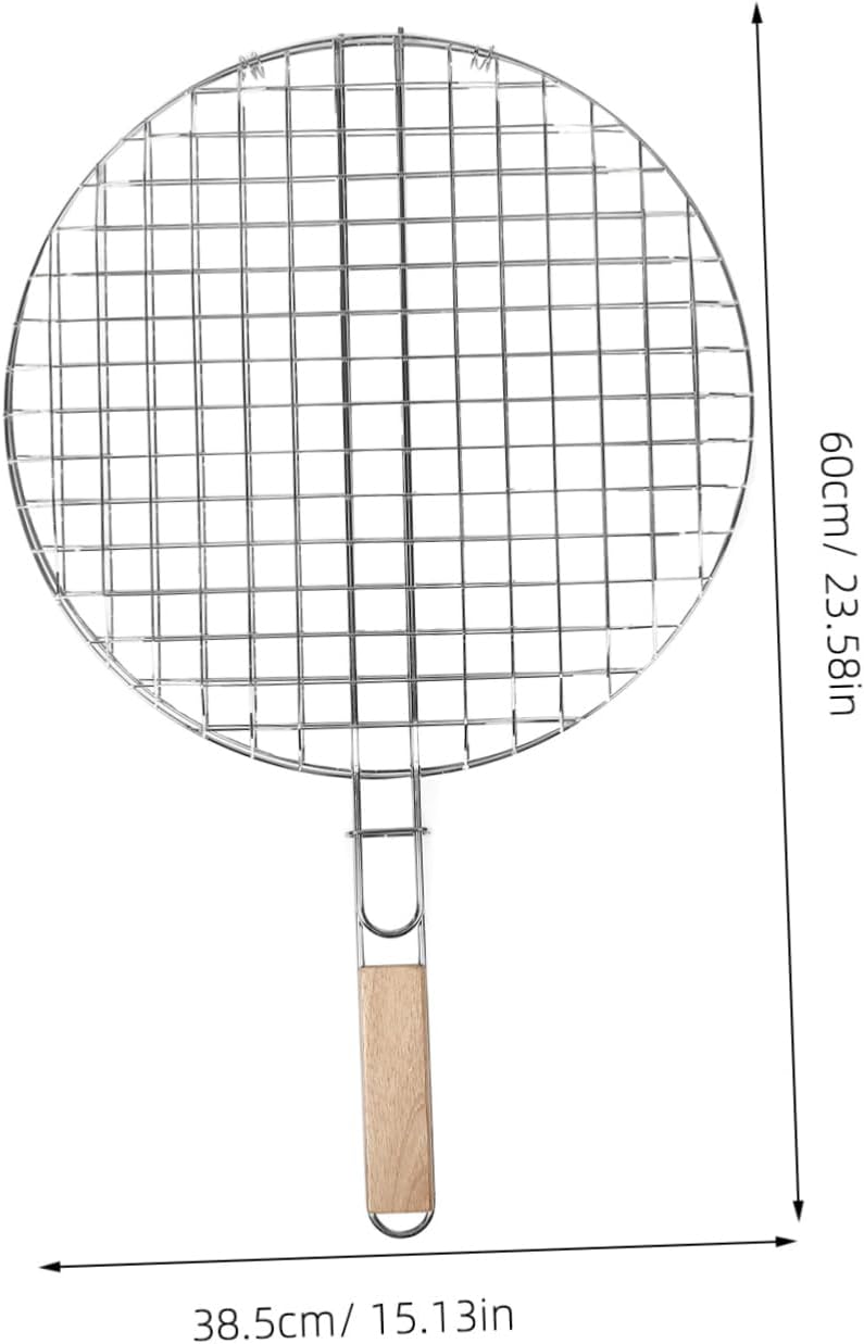 Mikikit Stainless Steel Round BBQ Grill Basket with Wood Handle for Outdoor Cooking Heavy-Duty Roasting Rack for Fish and Vegetables for Charcoal BBQ and Camping