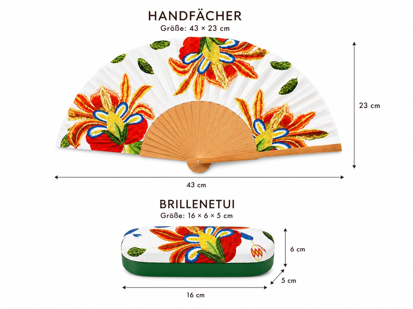 Handfächer & Brillenetui Set Anna, Blumen Muster, Geschenkset Frauen | Faltbarer Handfächer mit Holzgestell und passendes Hartschalen-Brillenetui im Blumen Design – als Muttertagsgeschenk