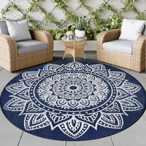 famibay Round Outdoor Rug 8ft Boho Round Patio Rug Waterproof Plastic Outdoor Carpet for Patio All Weather Camping Rugs RV Mats for Outside Lightweight UV-Resistant Outdoor Rugs for Patios(Dark Blue)