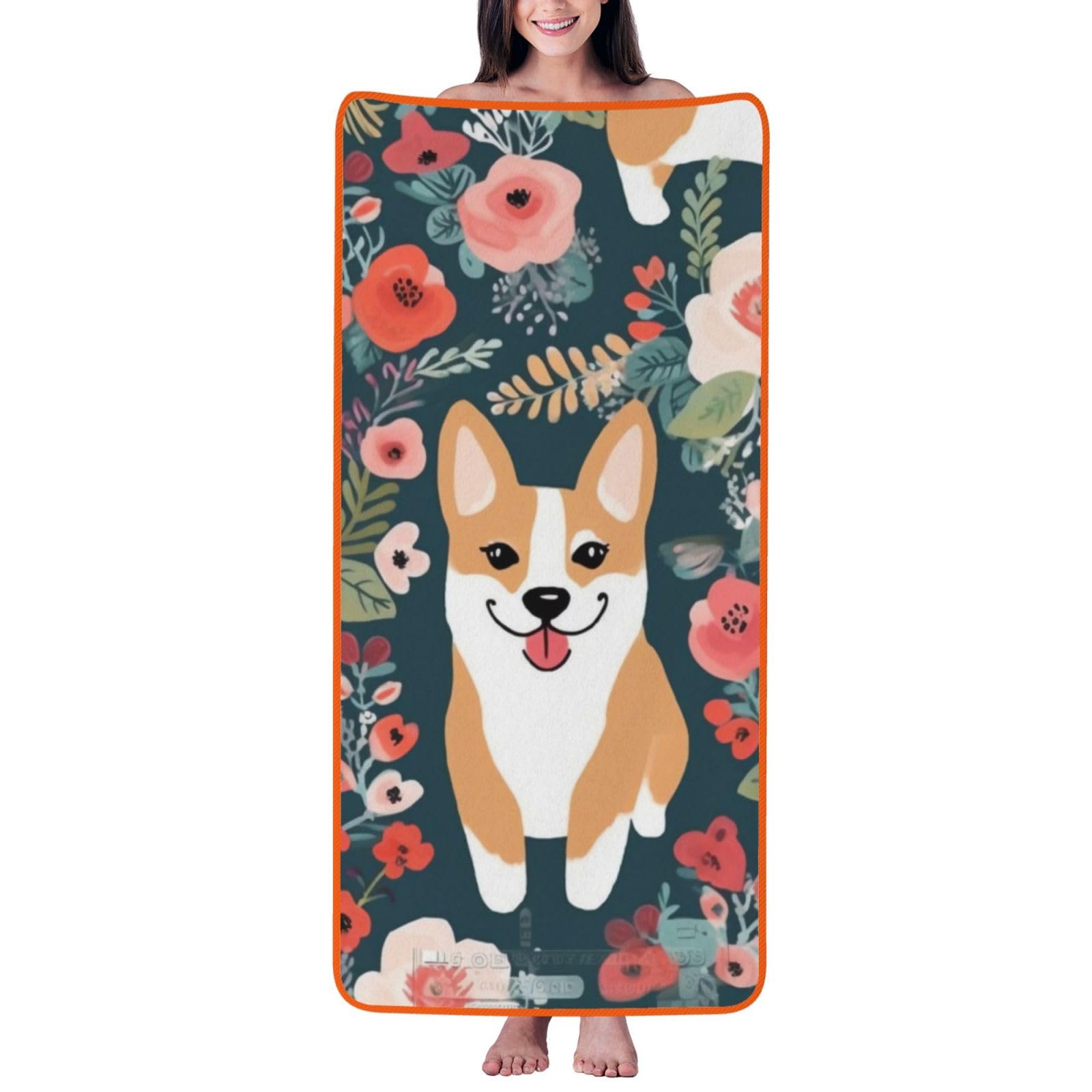 WPKJU Corgi Floral Flowers Printed Bath Towel with Orange Edging - 27x55 in Soft Extra Absorbent Coral Velvet Shower Towels for Bathroom