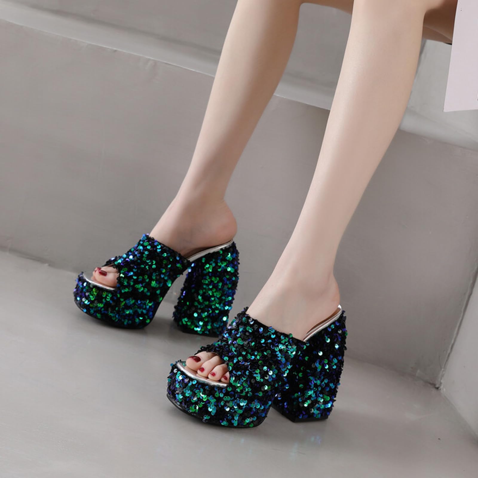 Mule con Tacco a Blocco Piattaforma Aperto in Punta e Paillettes 12,5 CM