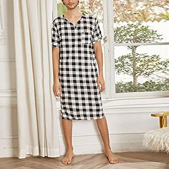 Men's Short Sleeve Nightshirt Loose Pajama Sleep Shirt Soft Comfy Nightgown V Neck Night Sleepwear Bathrobes